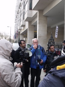 Richard Solly of London Mining Network is briefing the demonstrators about the interrogation inside the AGM and the failure of GCM board to answer the questions of Bangladeshi activists. Photo: P V Dudman