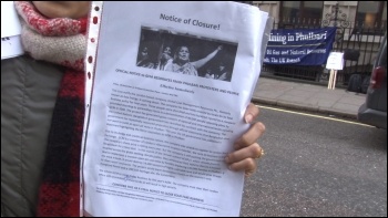 Phulbari Solidarity Group Founder read out a Notice of closure to GCM at the demo on Friday Photo by Pete Mason